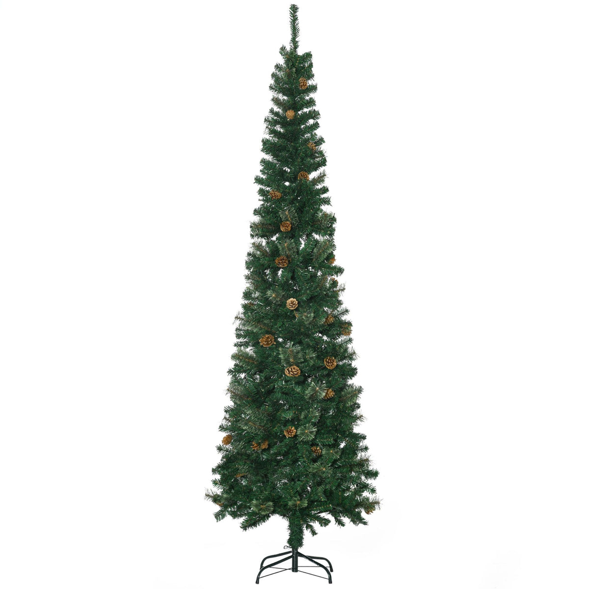 7.5ft Pencil Christmas Tree, Artificial Christmas With Pine Needles, Realistic Branches, Pine Cones, Metal Base, Green