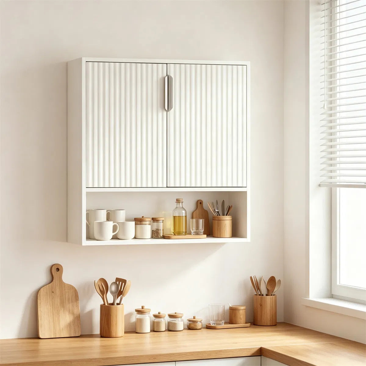 Wall Mounted Bathroom Cabinet, Modern Fluted Panel Storage Cabinet with Adjustable Shelf - view 5