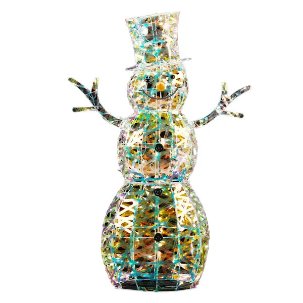 4FT Lighted Iridescent Snowman Christmas Decorations, Pre-lit Holiday Decor With 100 Warm White LED Lights For Xmas
