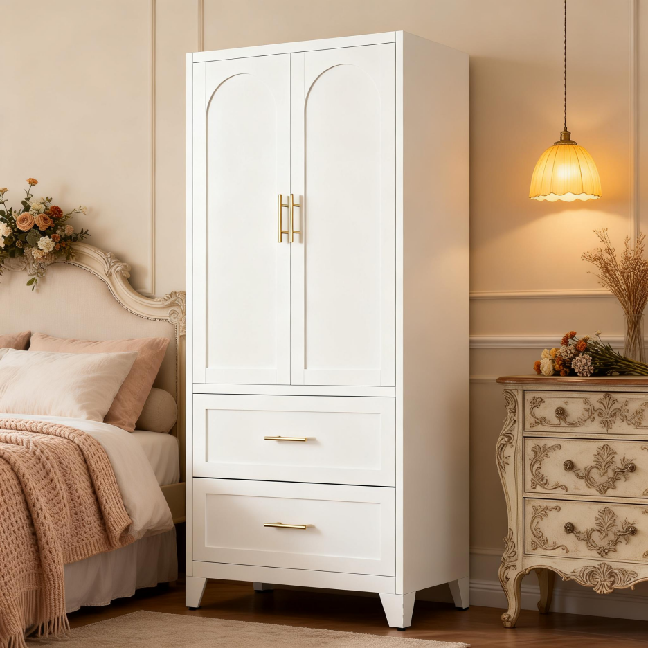 71inch Tall Metal Wardrobe Cabinet With 2 Drawers And Hanging Rod, 2 Doors Wardrobe Closet With Shelf For Bedroom