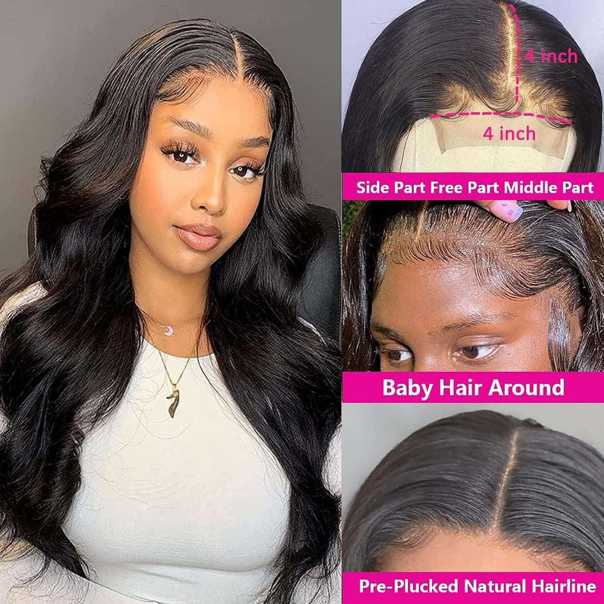 4x4 Lace Human Hair Wig Body Wave Natural Color Density - view 4