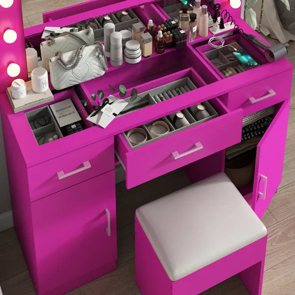 Vanity Desk Set with Large Lighted Mirror and Powre Outlet, Glass Top Makeup Vanity with 3 Drawers and 2 Cabinets - view 9