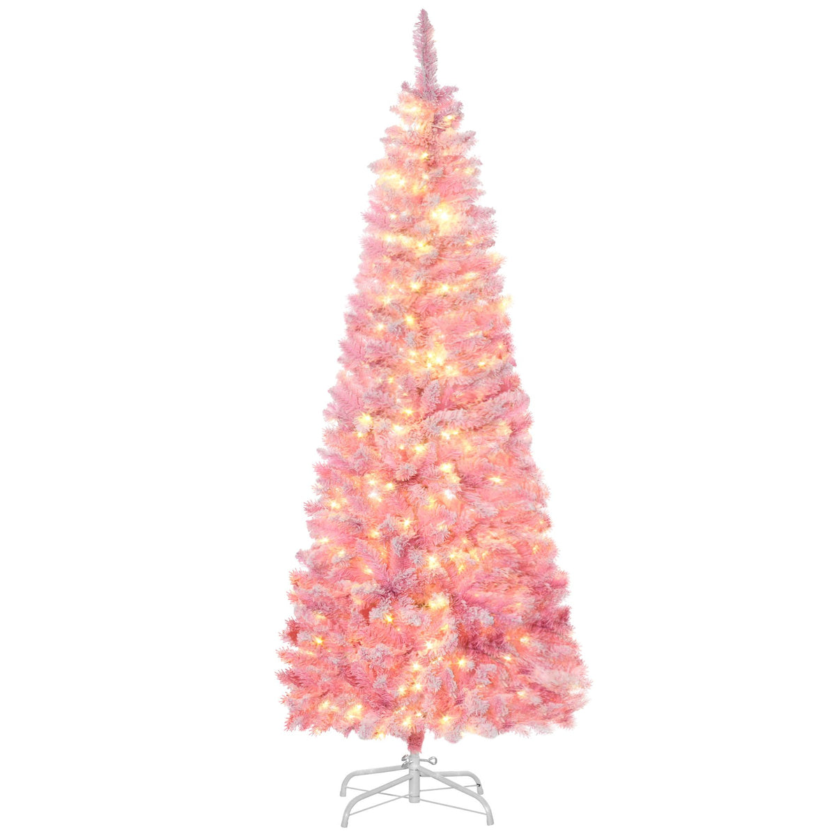 6 Foot Prelit Snow Flocked Artificial Christmas Tree With Pencil Shape, 500 Pine Realistic Branches