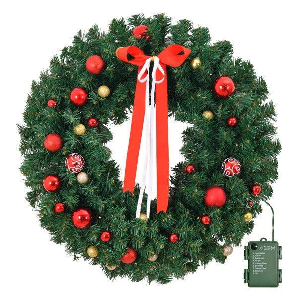 36in Pre-lit Battery Powered Christmas Wreath, Lighted Artificial Xmas Wreath With 80 Warm Lights And 270 PVC Tips