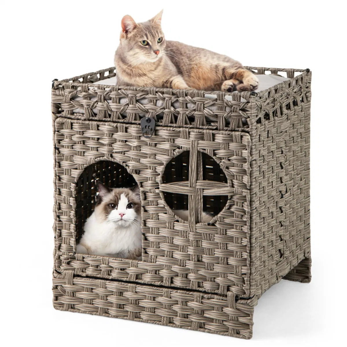 2-Tier Wicker Cat Condo with Litter Mat - Hidden Litter Box Enclosure, Detachable Washable Cushion, Gray Rattan - view 8
