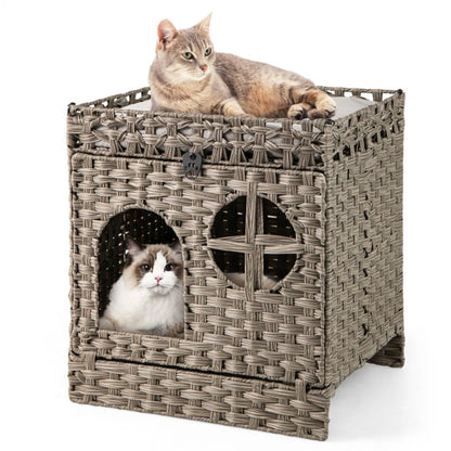 2-Tier Wicker Cat Condo with Litter Mat - Hidden Litter Box Enclosure, Detachable Washable Cushion, Gray Rattan - view 8