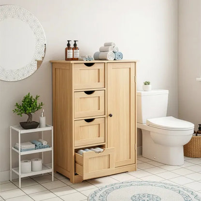 Natural Wood Color, MDF With Melamine Veneer, 56 x 30 x 80cm, 4 Drawers, 1 Door, Bathroom Vanity
