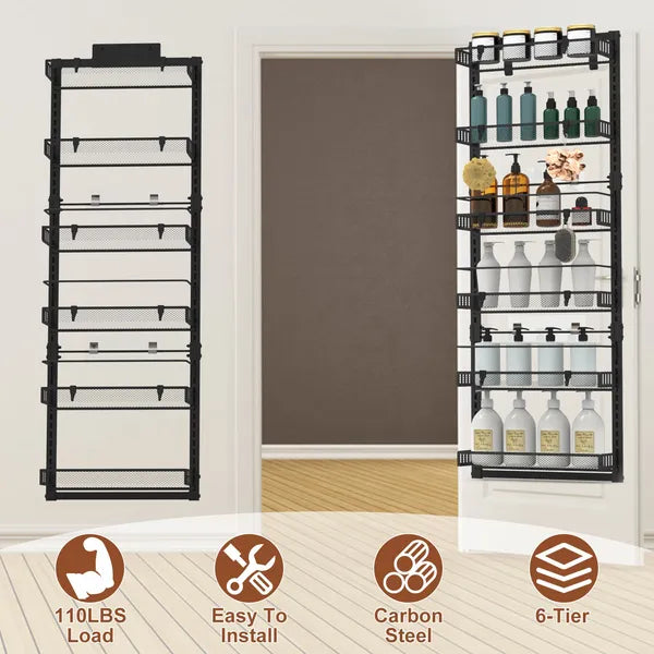 6-Tier Over The Door Pantry Organizer, Large Metal Door Spice Rack, Hanging Heavy-Duty Pantry Door Storage Shelf 10LBS