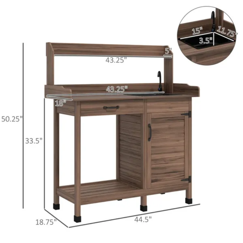 Dark Brown Outdoor Potting Bench With Storage Cabinet,Sink And Faucet - view 2