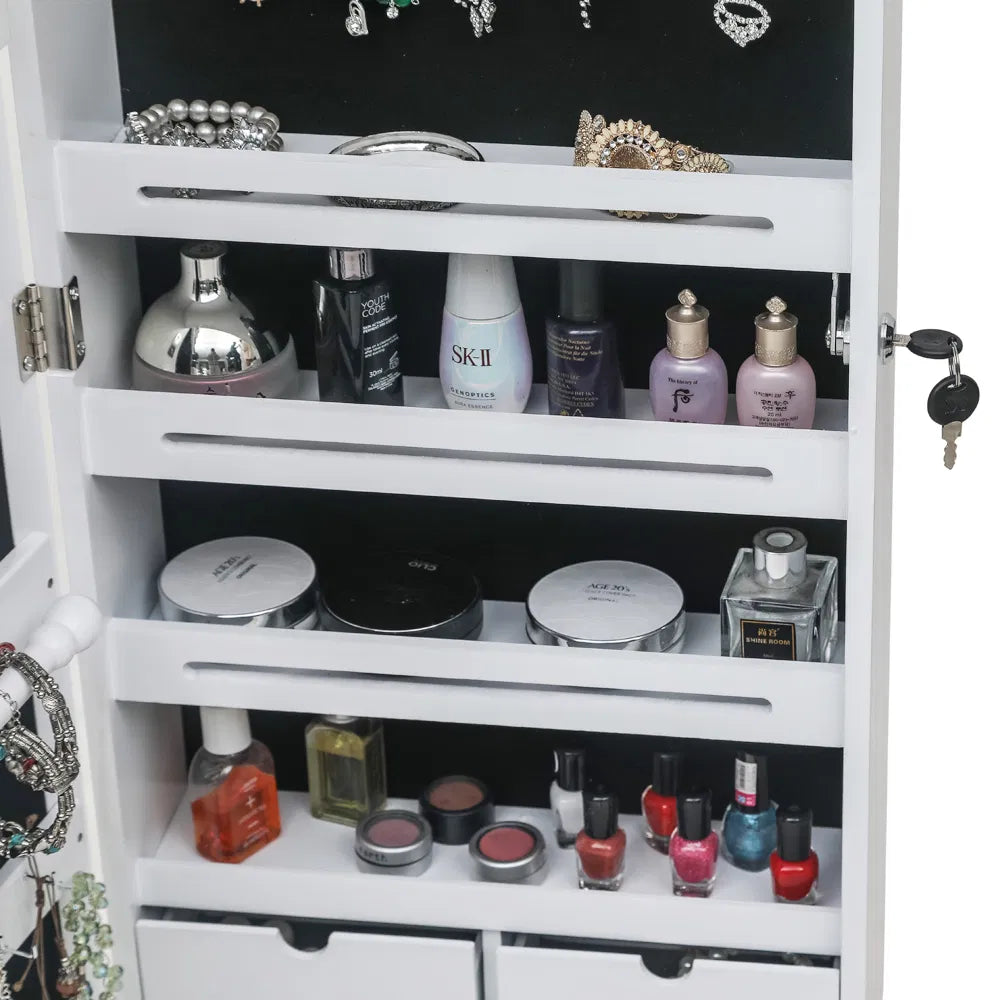 Non Full Mirror Wooden Wall Mounted 4-Layer Shelf 6 Drawers 8 Blue LED Light Jewelry Storage Mirror Cabinet - White - view 3