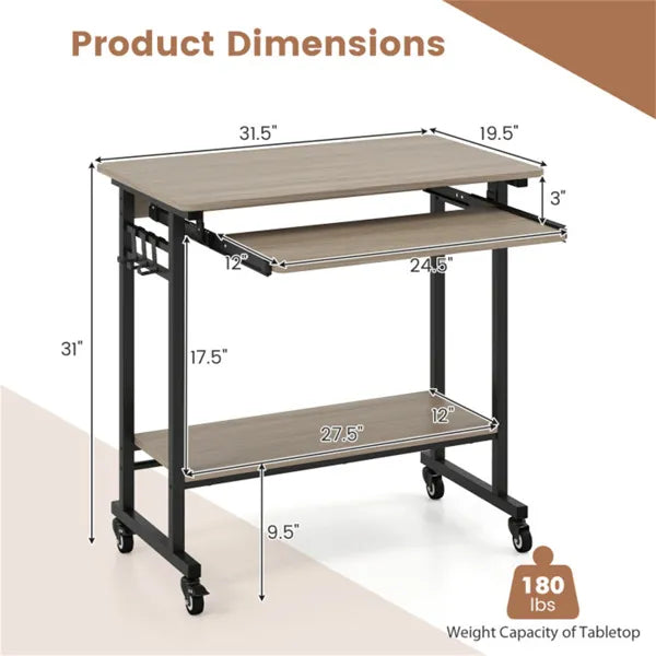 Gray Mobile Computer Desk With Keyboard Tray & Storage Shelf, 360 Lockable Casters For Home Office - view 3