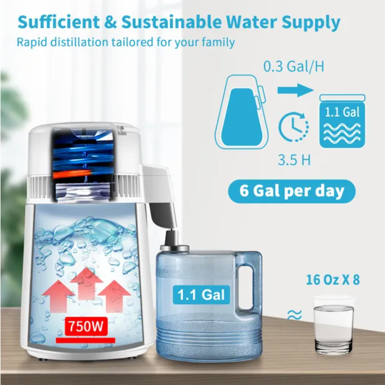 VEVOR 1.1Gal Water Distiller, 0.3Gal H, 750W Distilled Water Maker Machine 0-99H Timing Set Temp Display - view 2