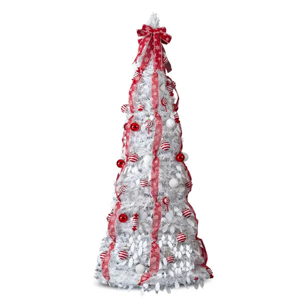 6 FT Fully Decorated Pre-lit Christmas Tree, Pop Up Artificial Xmas Tree With 100 Warm Lights And Red Ornaments