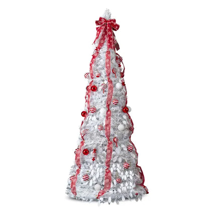 6 FT Fully Decorated Pre-lit Christmas Tree, Pop Up Artificial Xmas Tree With 100 Warm Lights And Red Ornaments