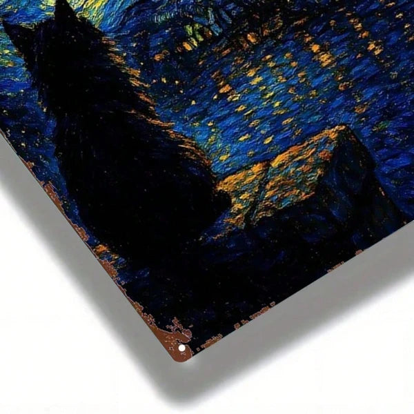 1pc Starry Night Cat Metal Sign 8x12 Inch, Vintage Aesthetic Wall Plaque - view 3