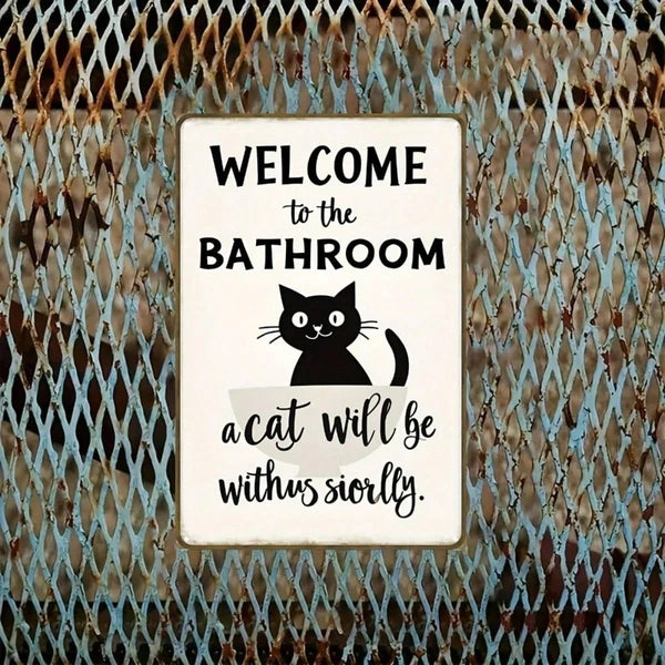 Vintage | 2D Flat Iron Metal Sign Black Cat Bathroom Wall Decor 8x12 Inch 1Pack Welcome To The Bathroom Rustic Plaque - view 3