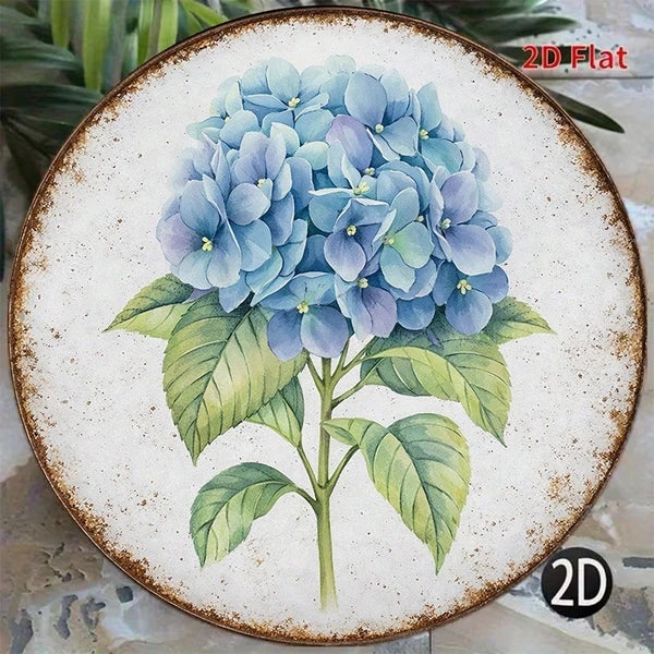 1pc Vintage Blue Hydrangea Round Sign 8x8in, Round Sign 8x8in, 8x8in, 2D Flat Decorative Plaque For Kitchen Garden