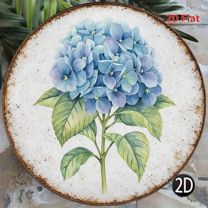 1pc Vintage Blue Hydrangea Round Sign 8x8in, Round Sign 8x8in, 8x8in, 2D Flat Decorative Plaque For Kitchen Garden
