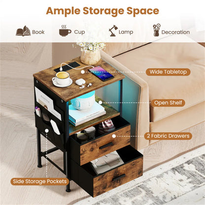 2pcs Nightstand with LED Lights & Charging Station, 2 Folding Fabric Drawers - view 3