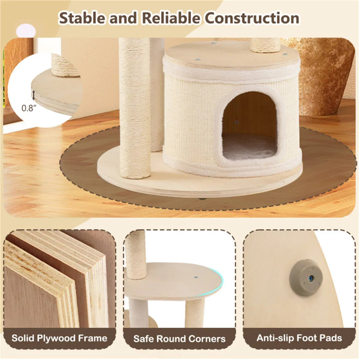 60 Inch Tall Wooden Cat Tree Multi-Level Cat Tower with Sisal Scratching Posts & Condos for Indoor Cats, Natural - view 2