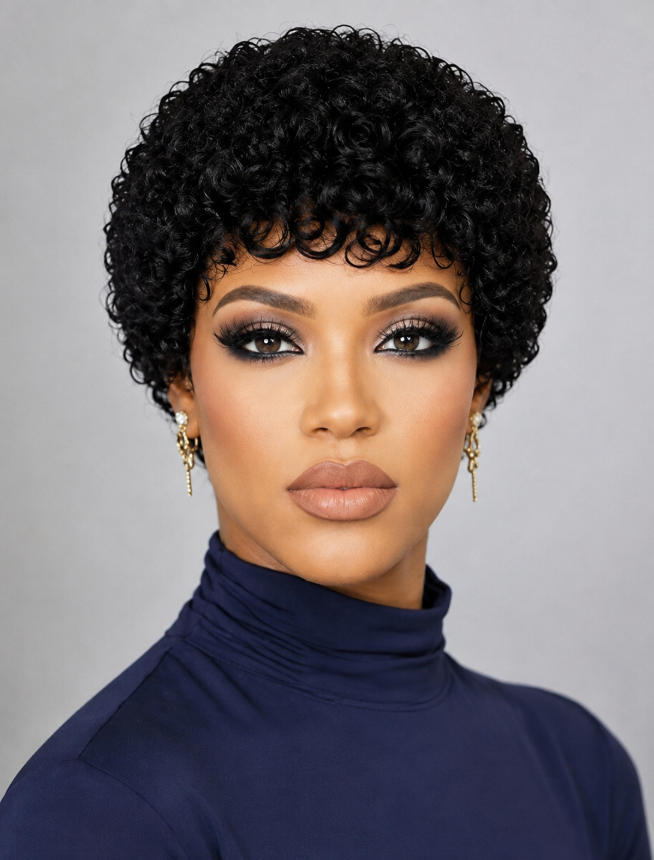 Pixie-style Human Hair Wig, Natural Color, Jerry Curly Texture, 4-inch Length. - view 2
