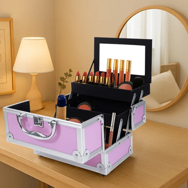 SM-2176 Aluminum Makeup Train Case Jewelry Box Cosmetic Organizer With Mirror 9' x6' x6' Pink - view 2