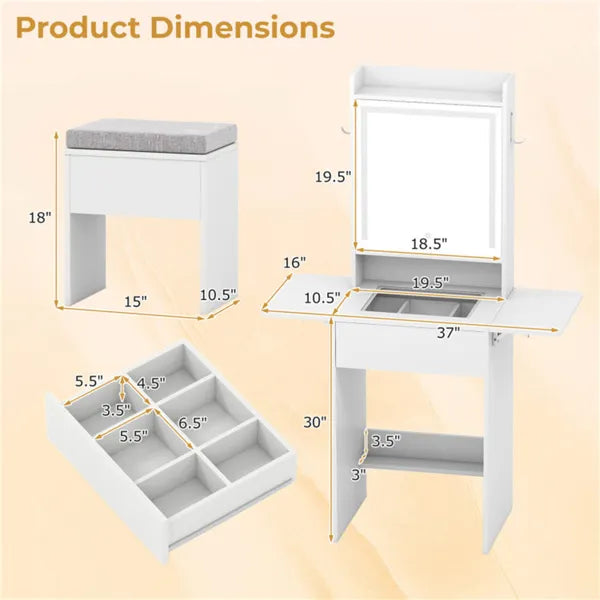 Vanity Table With LED Lighted Mirror, 2 Drop Leaf Extension & Built-in Charging Station-White - view 5