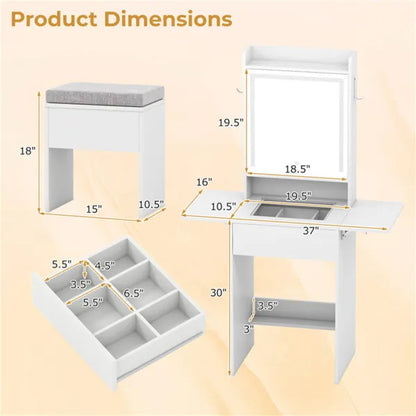 Vanity Table With LED Lighted Mirror, 2 Drop Leaf Extension & Built-in Charging Station-White - view 5