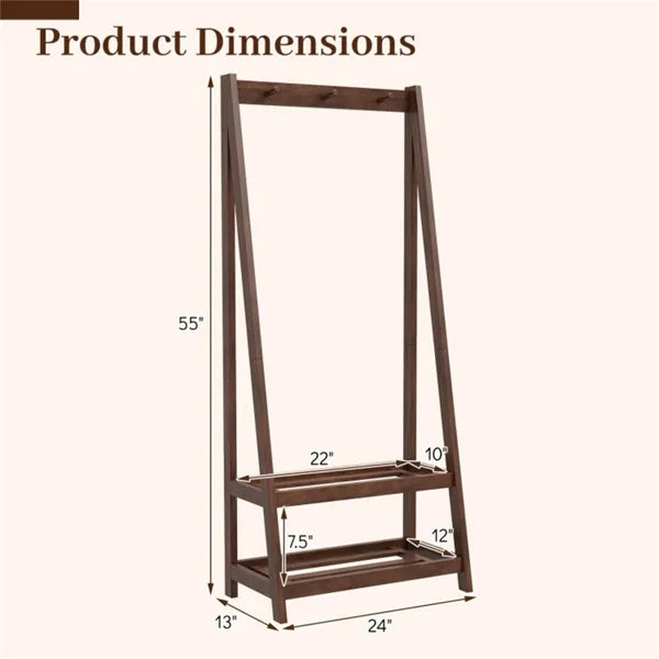 100% Solid Rubber Wood Freestanding Coat Rack, A-Frame Stable Garment Hanger With 3 Hooks & 2 Shelves - view 2