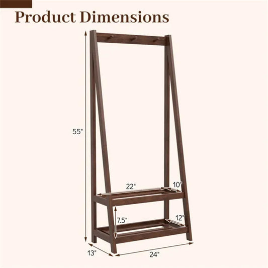 100% Solid Rubber Wood Freestanding Coat Rack, A-Frame Stable Garment Hanger With 3 Hooks & 2 Shelves - view 2
