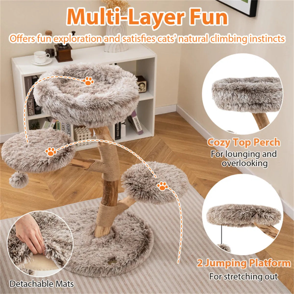 4-Level Natural Pear Wood Cat Tree - 19.5" x35.5", Jute Scratch Posts + Plush Ball, Long Plush - view 7