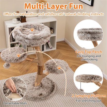 4-Level Natural Pear Wood Cat Tree - 19.5" x35.5", Jute Scratch Posts + Plush Ball, Long Plush - view 7