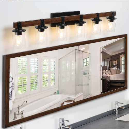 42 Inch Rustic 6-Light Vanity Light, Industrial Bathroom Wall Sconce With Glass Shades And Wood Accent - view 5