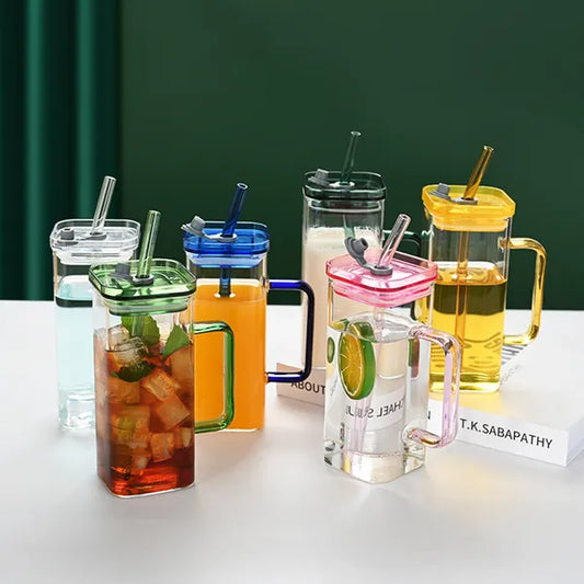 1 Pcs Blue Glass Straw Cup, 6 Colors Square Glass Cup With Straw And Lid, High Borosilicate Glass Cup, Milk Cup - view 2