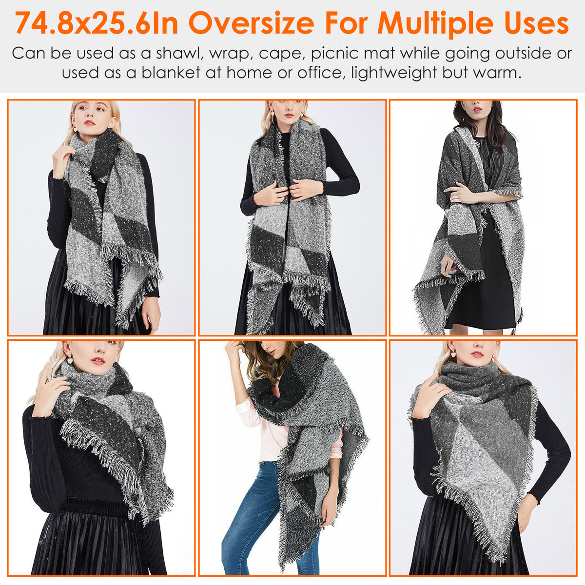1Pc Women Winter Warm Scarf 74.8x25.6In Long Soft Knitted Shawl Extra Thick Plaid Blanket Wrap Cape - view 5