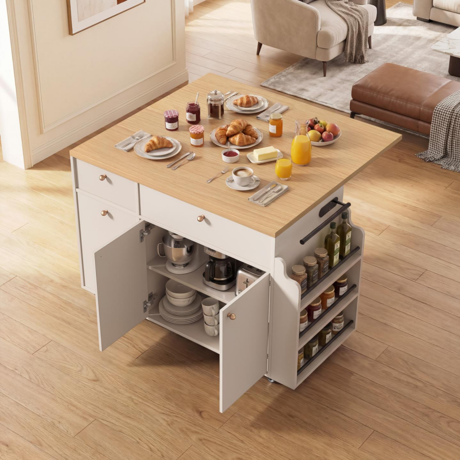 Kitchen Island With Storage Rolling Kitchen Island Cart With Drop Leaf Extension, Natural Wood Top, Drawers, Spice Rack - view 4