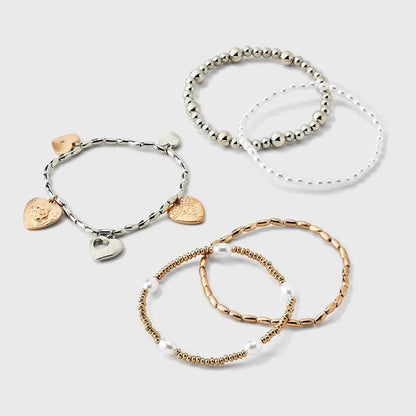 Heart Charm And Pearl Beaded Bracelet 5pc Set - Gold - view 2