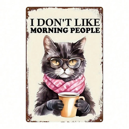 Vintage Black Cat Drinking Coffee Metal Sign 8x12 Inch, Antique Tin Plaque With Glasses For Home Kitchen Cafe Bar