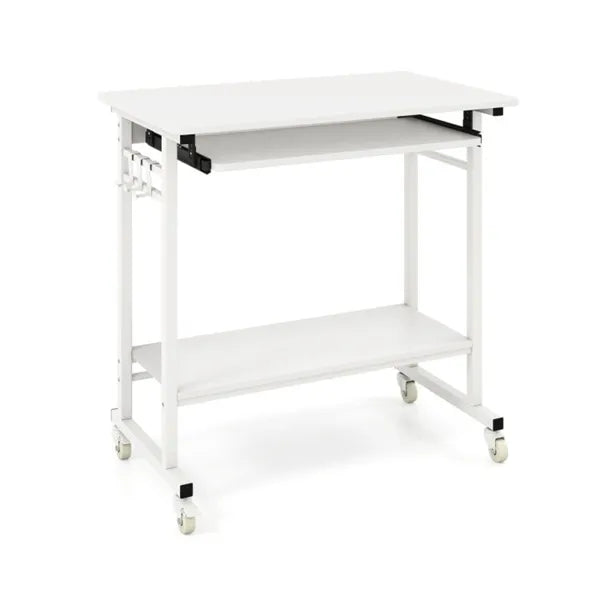 White Mobile Computer Desk With Keyboard Tray & Storage Shelf, 360 Lockable Casters For Home Office - view 4