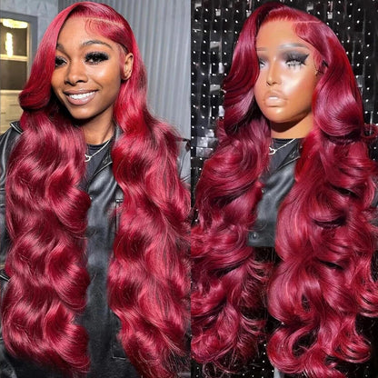 13x6 Lace Front Human Hair Wig Burgundy Red Body Wave, Density, 22 Inches