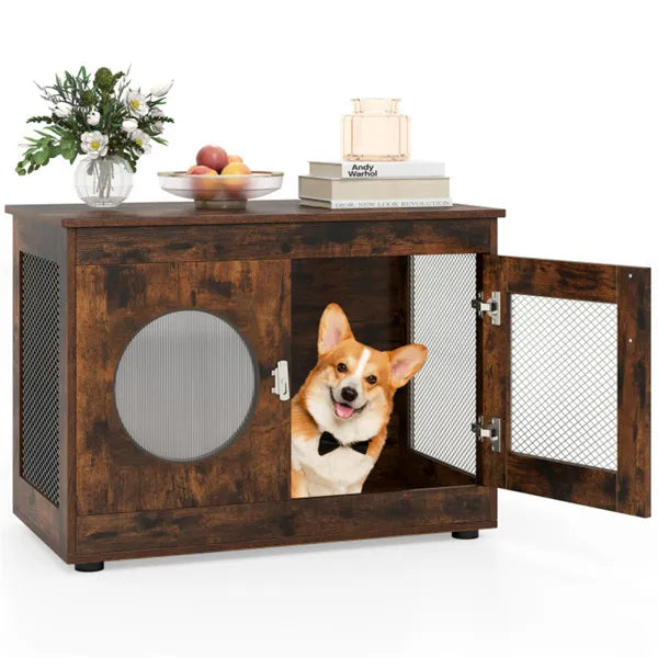 2-in-1 Dog Crate End Table - Rustic Brown, 88lbs Capacity, Farmhouse Style, 32.5" x18.5" x23.5"