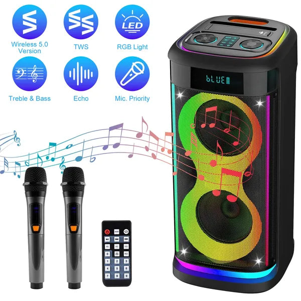Portable Wireless Party Speaker With LED Light Wireless Mic Remote Control TWS Treble Bass Mic. Echo Music Accompany - view 3