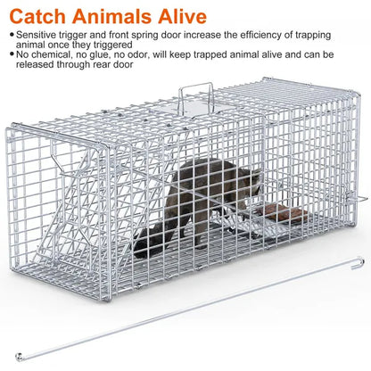 Live Animal Trap Cage 37x14x15in Folding Catch And Release Humane Cat Trap Galvanized Iron For Raccoons Foxes Coyotes - view 3