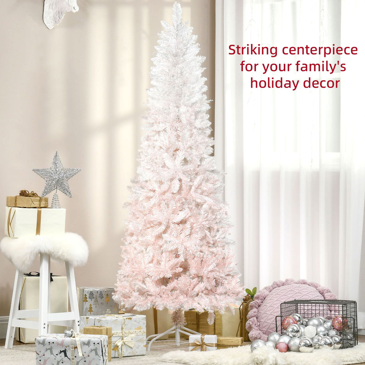 6ft Pencil Artificial Christmas Tree With Pine Realistic Branches, Auto Open, Pink And White - view 3
