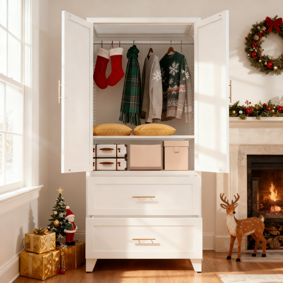 71inch Tall Metal Wardrobe Cabinet With 2 Drawers And Hanging Rod, 2 Doors Wardrobe Closet With Shelf For Bedroom - view 6