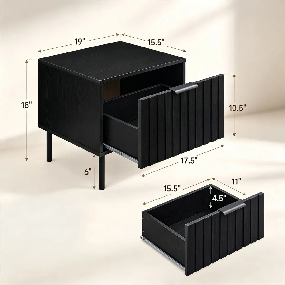 Black Fluted Drawer Nightstand Set of 2, Engineered Wood Metal Side End Table with Adjustable Foot Pads - view 6
