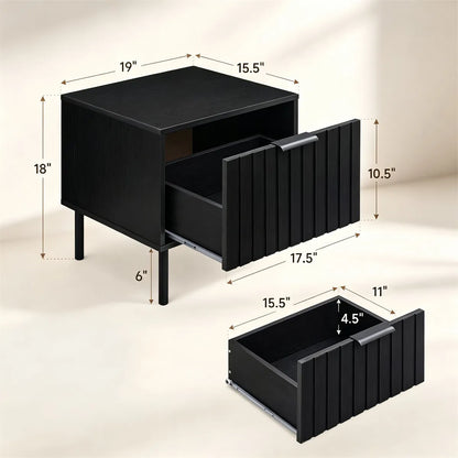 Black Fluted Drawer Nightstand Set of 2, Engineered Wood Metal Side End Table with Adjustable Foot Pads - view 6