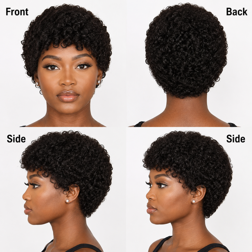 Pixie-style Human Hair Wig, Natural Color, Jerry Curly Texture, 4-inch Length. - view 4