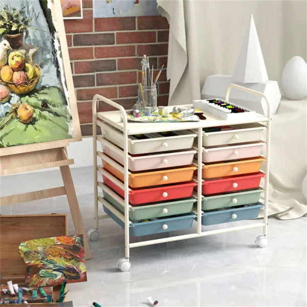12-Drawer Rolling Storage Cart - 2-Row 10-Storey, Multicolor Drawers, 4 Wheels (2 Brake), White Frame-Macaron - view 2
