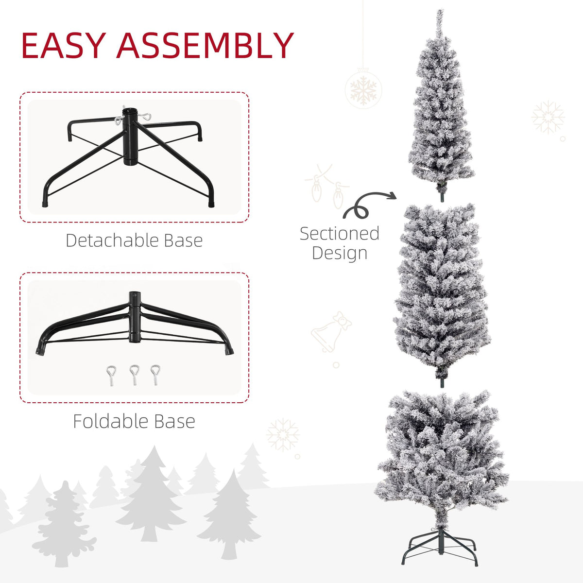 7.5ft Flocked Christmas Tree, Pencil Christmas Tree With Realistic Branch Tips, Folding Metal Stand, Black - view 2